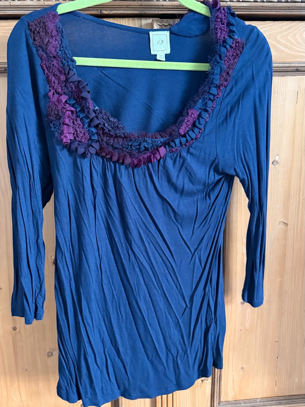NWOT Women's Navy Scoop Neck Jersey Top with Purple Trim
